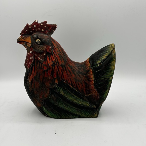 Vtg Hand Carved Painted Wooden FAT HEN Chicken Rustic Farmhouse Country Folk Art - Picture 1 of 7